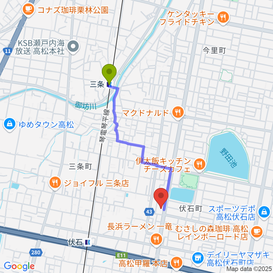 ピアノギャラリーたかまつ楽器の最寄駅三条駅からの徒歩ルート（約16分）地図