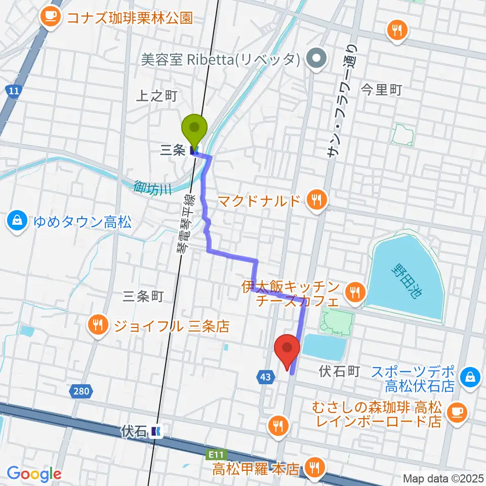 三条駅からたかまつ楽器へのルートマップ地図