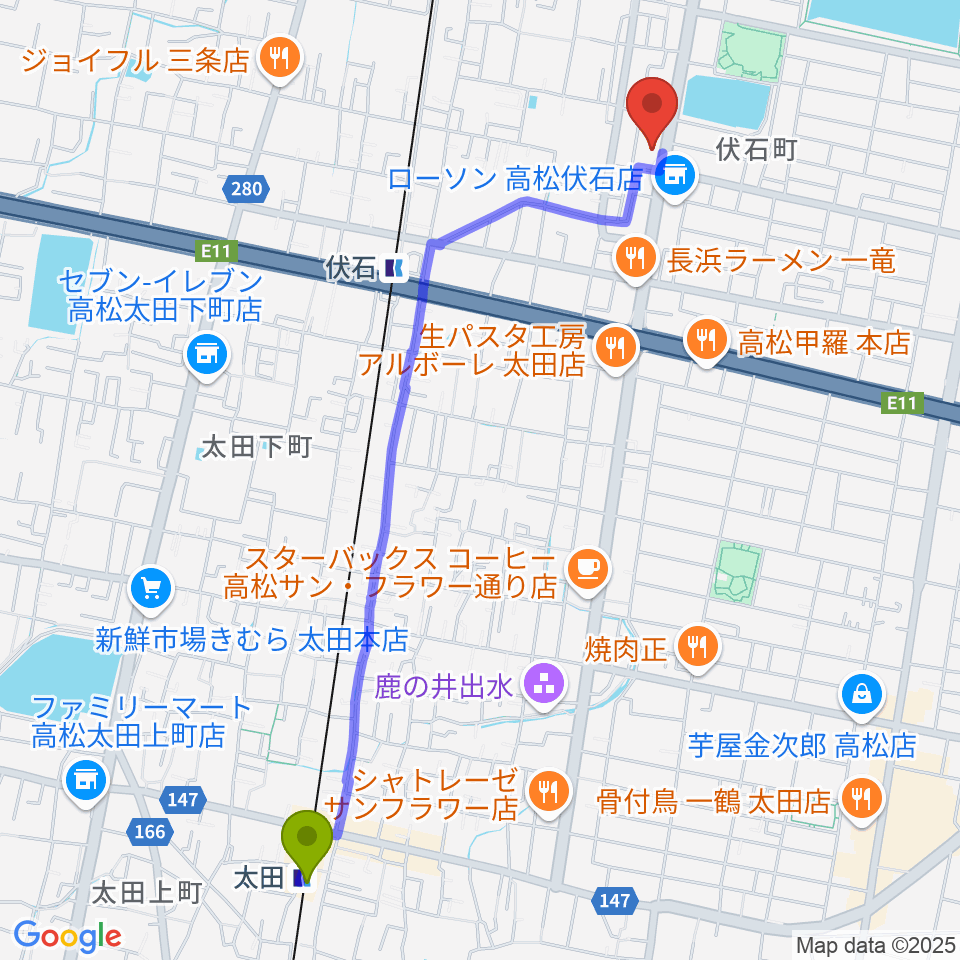 太田駅からピアノギャラリーたかまつ楽器へのルートマップ地図