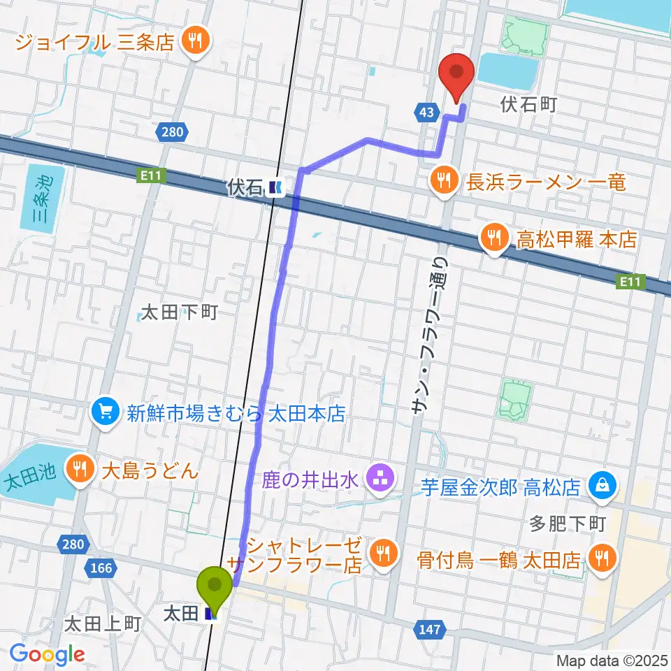 太田駅からたかまつ楽器へのルートマップ地図