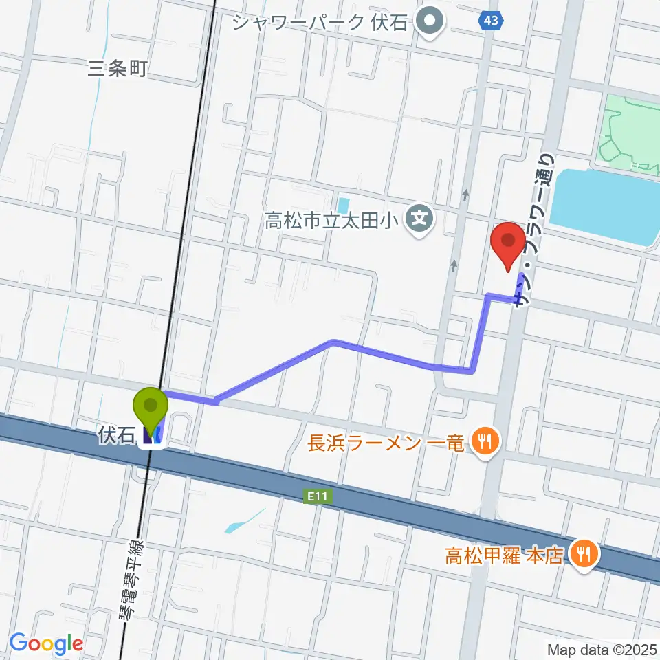 たかまつ楽器の最寄駅伏石駅からの徒歩ルート（約9分）地図