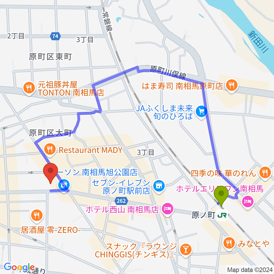 タカノ楽器の最寄駅原ノ町駅からの徒歩ルート（約10分）地図