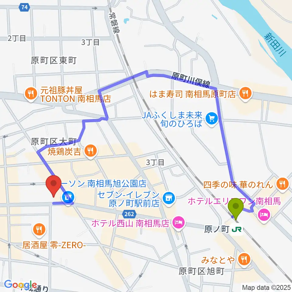 タカノ楽器の最寄駅原ノ町駅からの徒歩ルート（約10分）地図