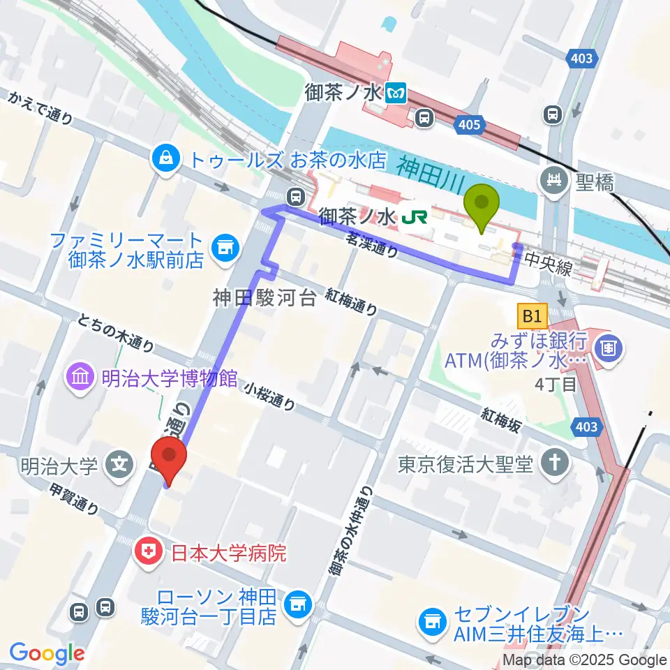 谷口楽器の最寄駅御茶ノ水駅からの徒歩ルート（約5分）地図