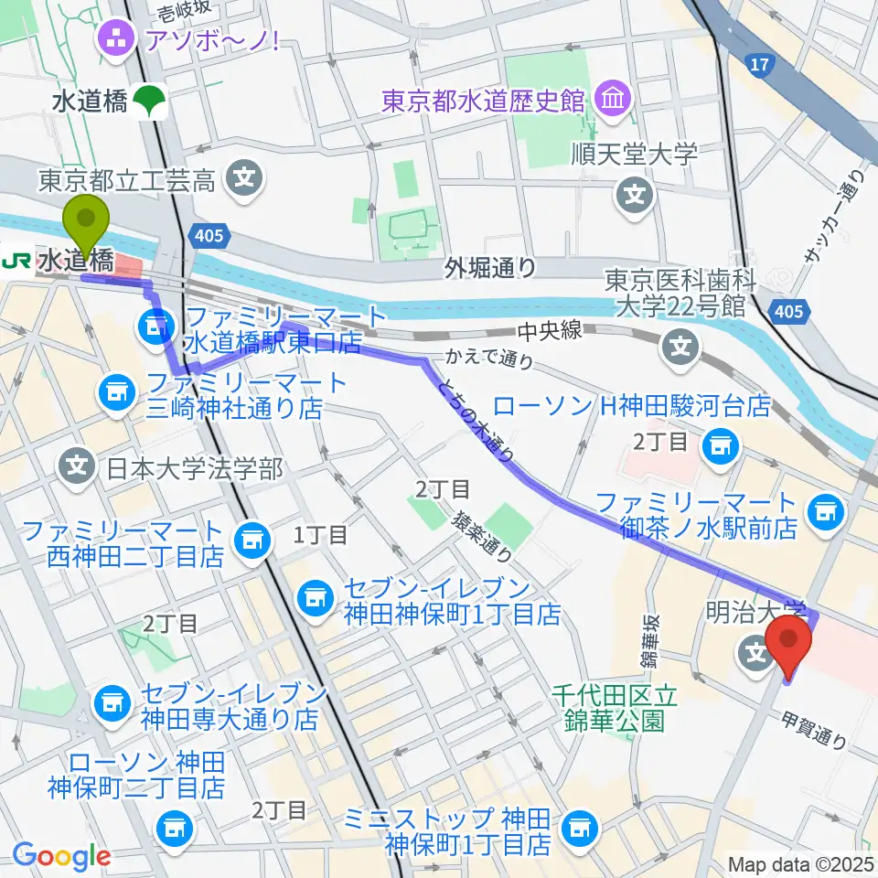 水道橋駅から谷口楽器へのルートマップ地図