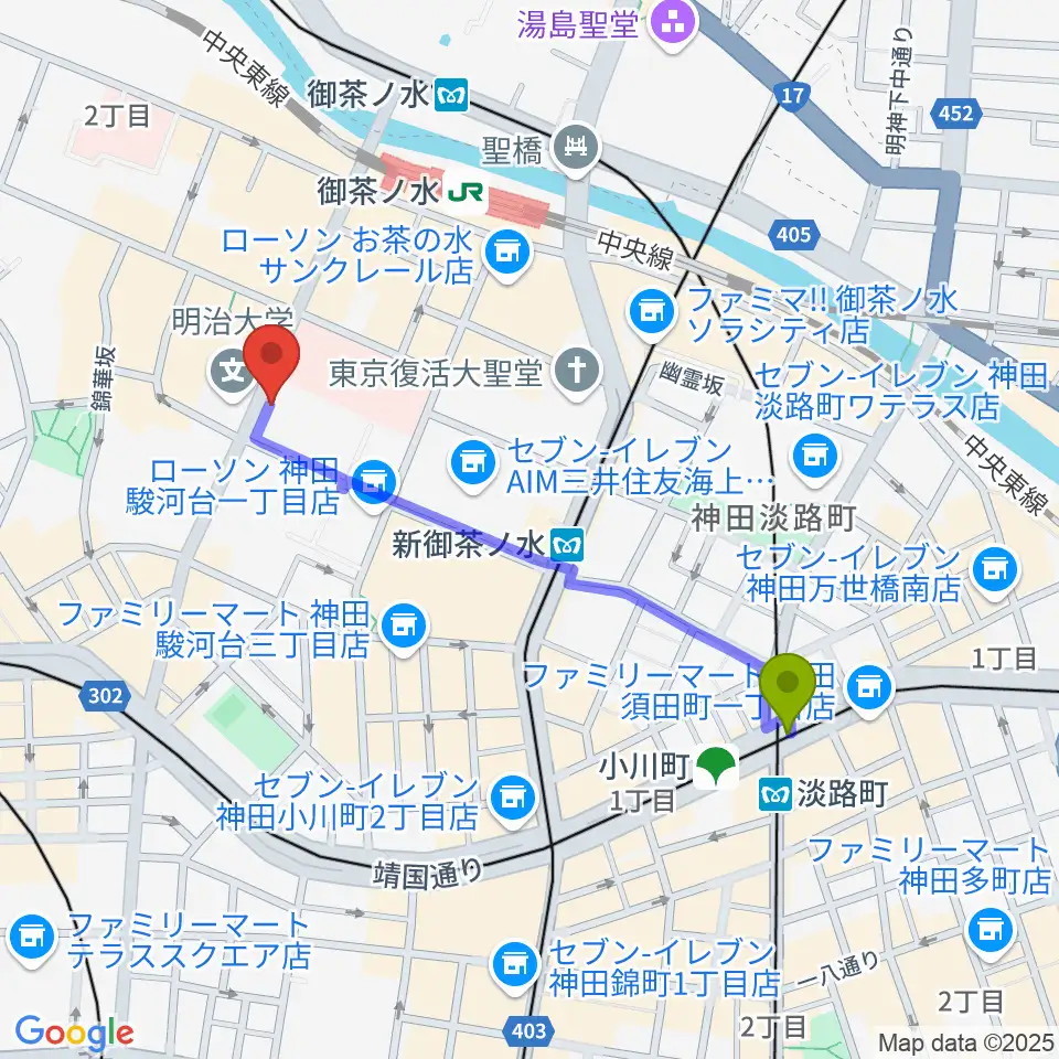 淡路町駅から谷口楽器へのルートマップ地図