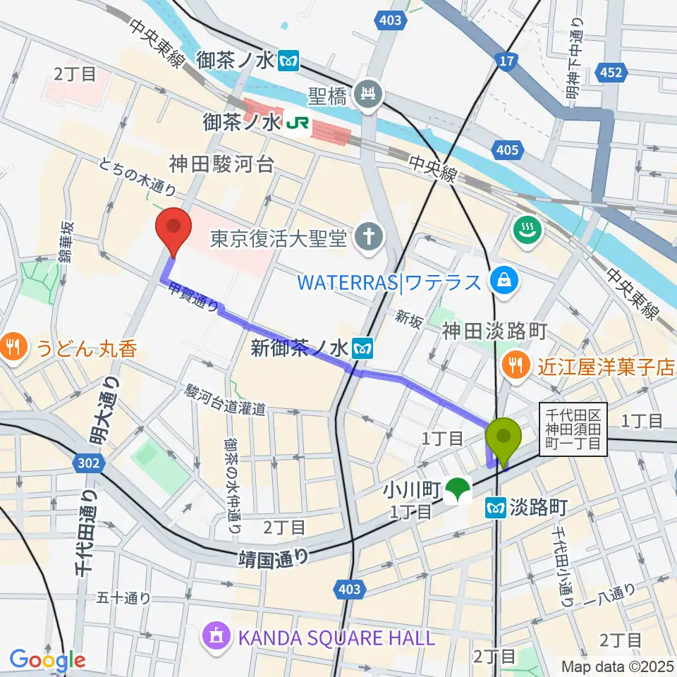 淡路町駅から谷口楽器へのルートマップ地図