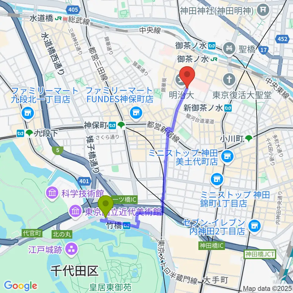 竹橋駅から谷口楽器へのルートマップ地図