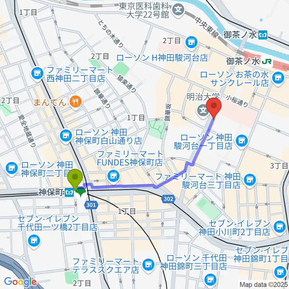 神保町駅から谷口楽器へのルートマップ地図