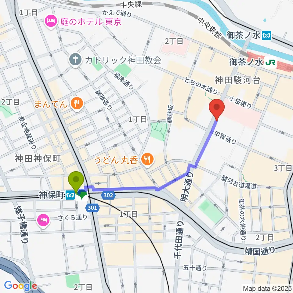 神保町駅から谷口楽器へのルートマップ地図