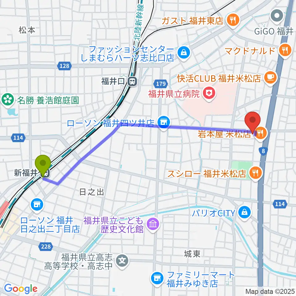 新福井駅から鳥山楽器へのルートマップ地図