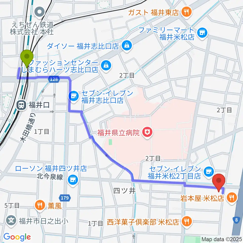 鳥山楽器の最寄駅福井口駅からの徒歩ルート（約15分）地図