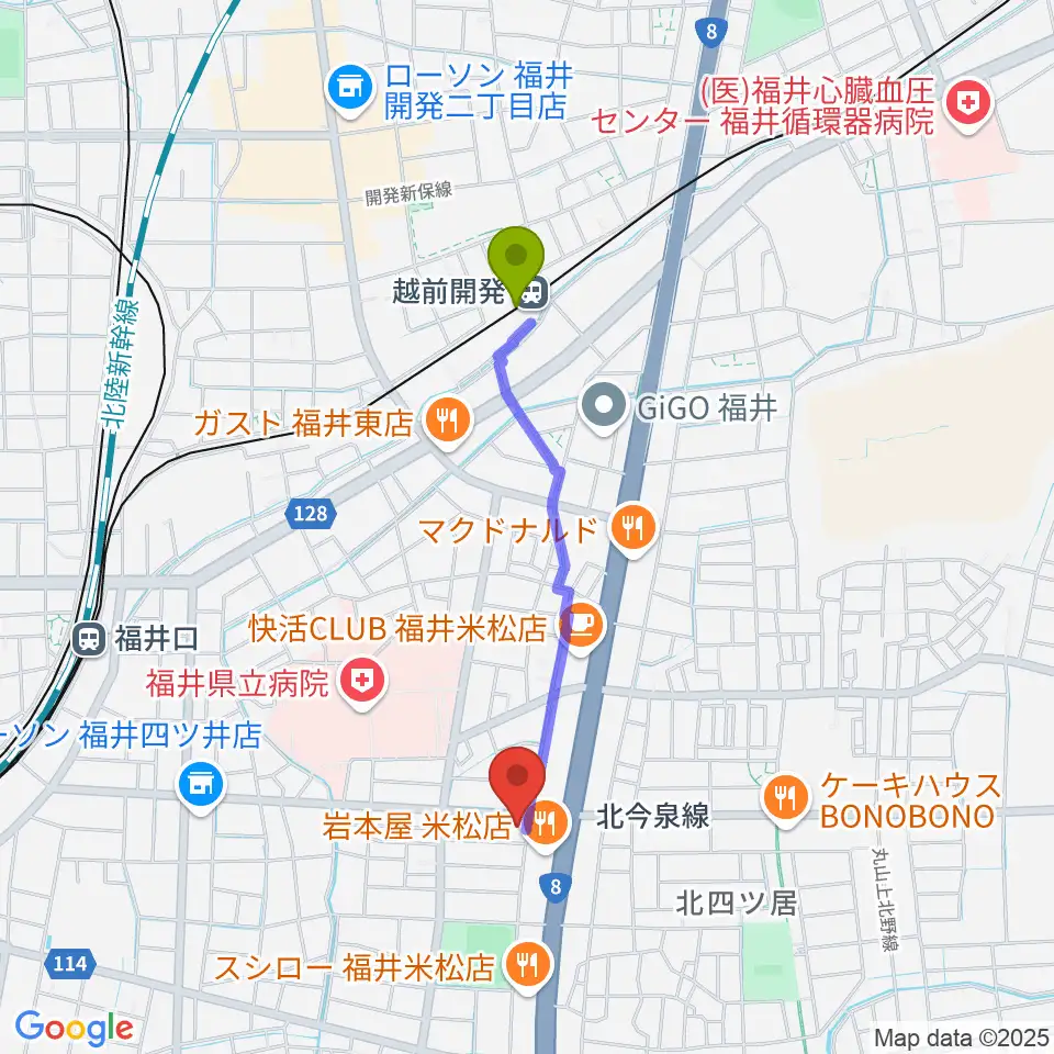 越前開発駅から鳥山楽器へのルートマップ地図