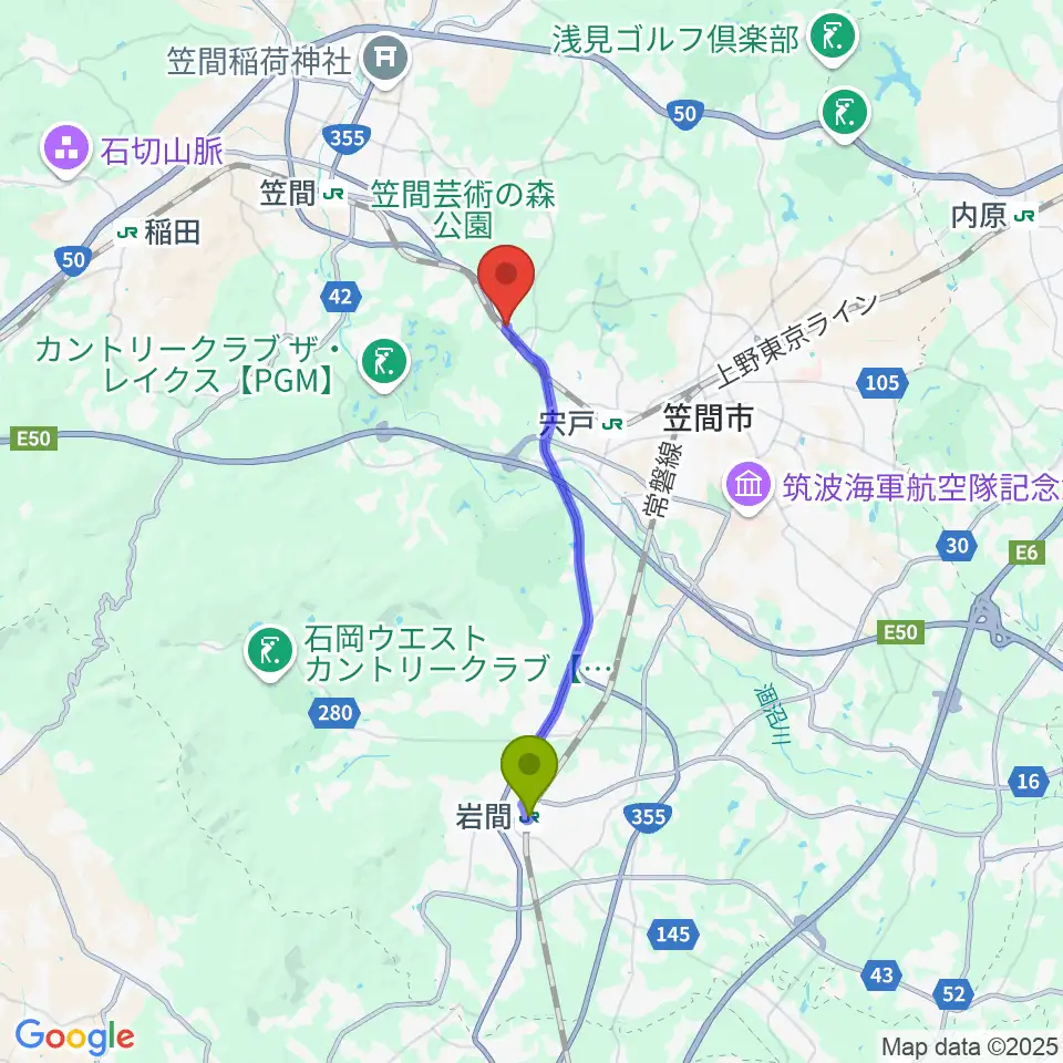 岩間駅からUTSU工房ペニーレーンへのルートマップ地図