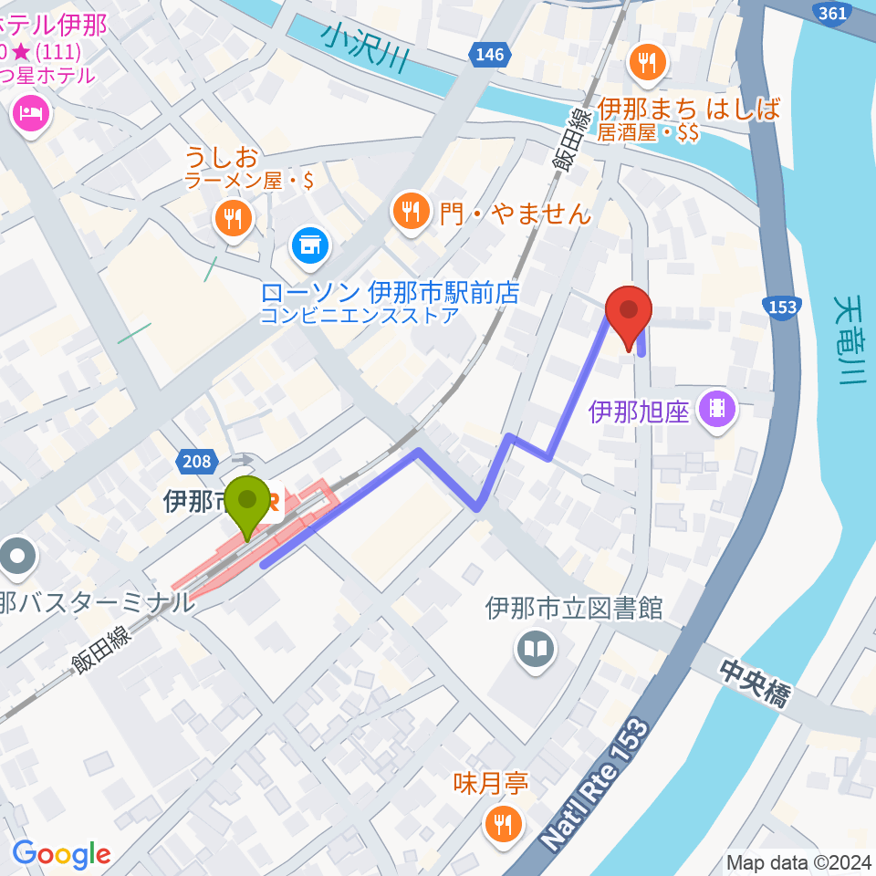 伊那楽器の最寄駅伊那市駅からの徒歩ルート（約4分）地図