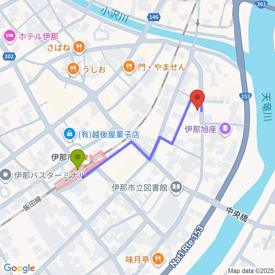 伊那楽器の最寄駅伊那市駅からの徒歩ルート（約4分）地図