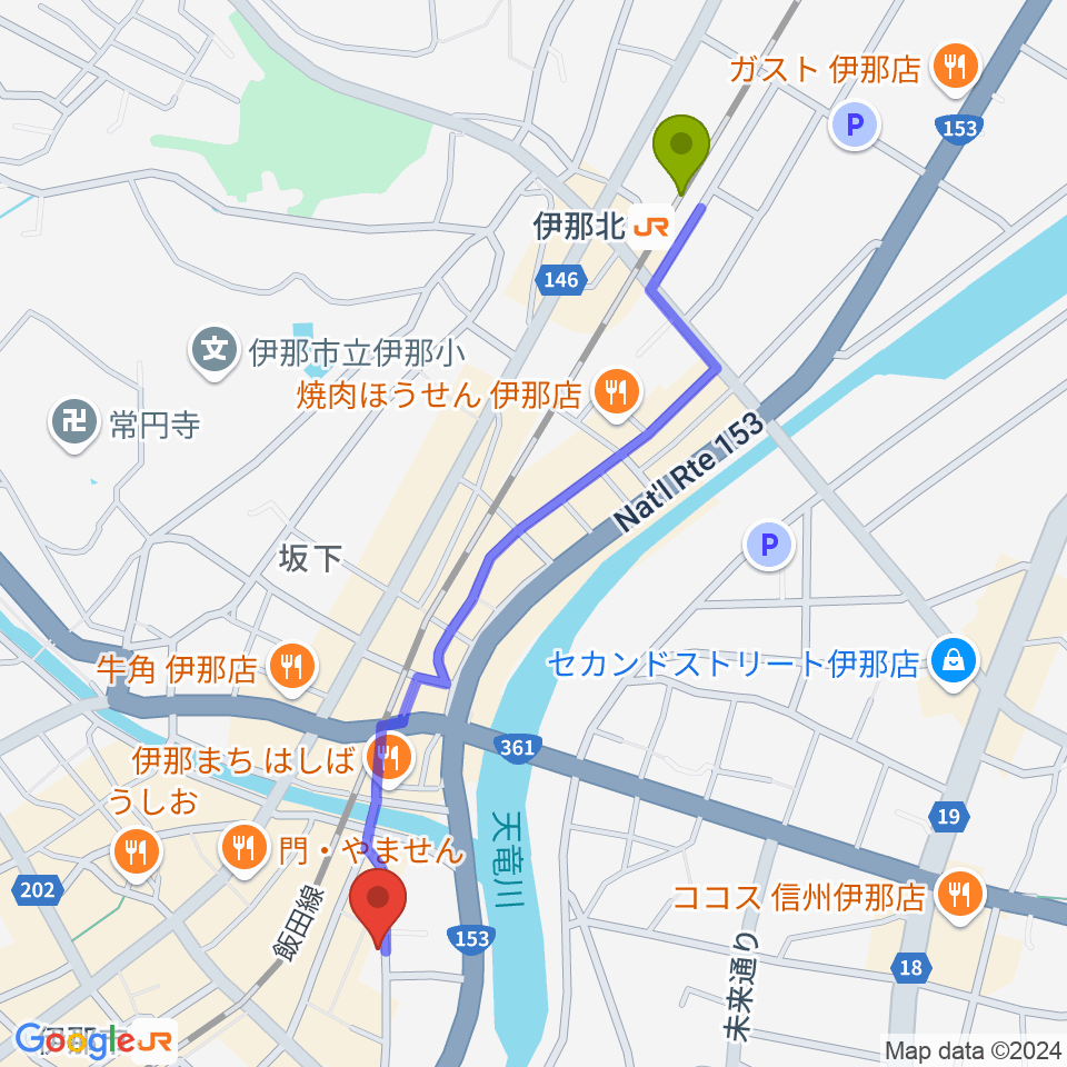 伊那北駅から伊那楽器へのルートマップ地図