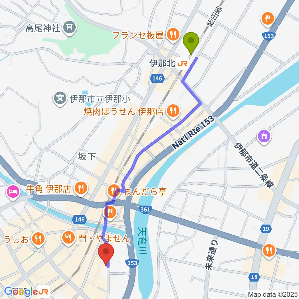 伊那北駅から伊那楽器へのルートマップ地図