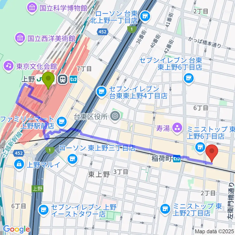 上野駅から高級二胡専門店名師堂 東京店へのルートマップ地図