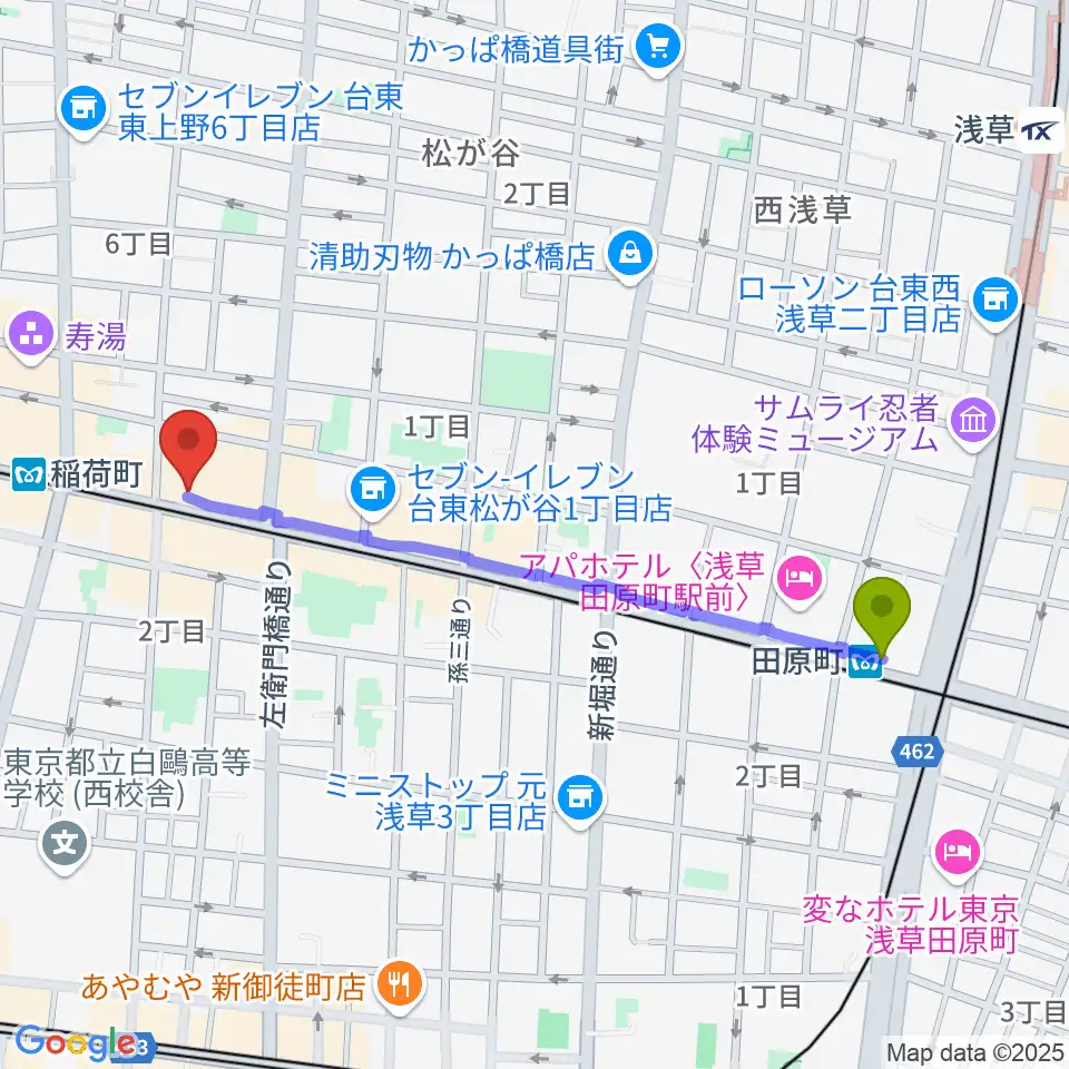 田原町駅から高級二胡専門店名師堂 東京店へのルートマップ地図