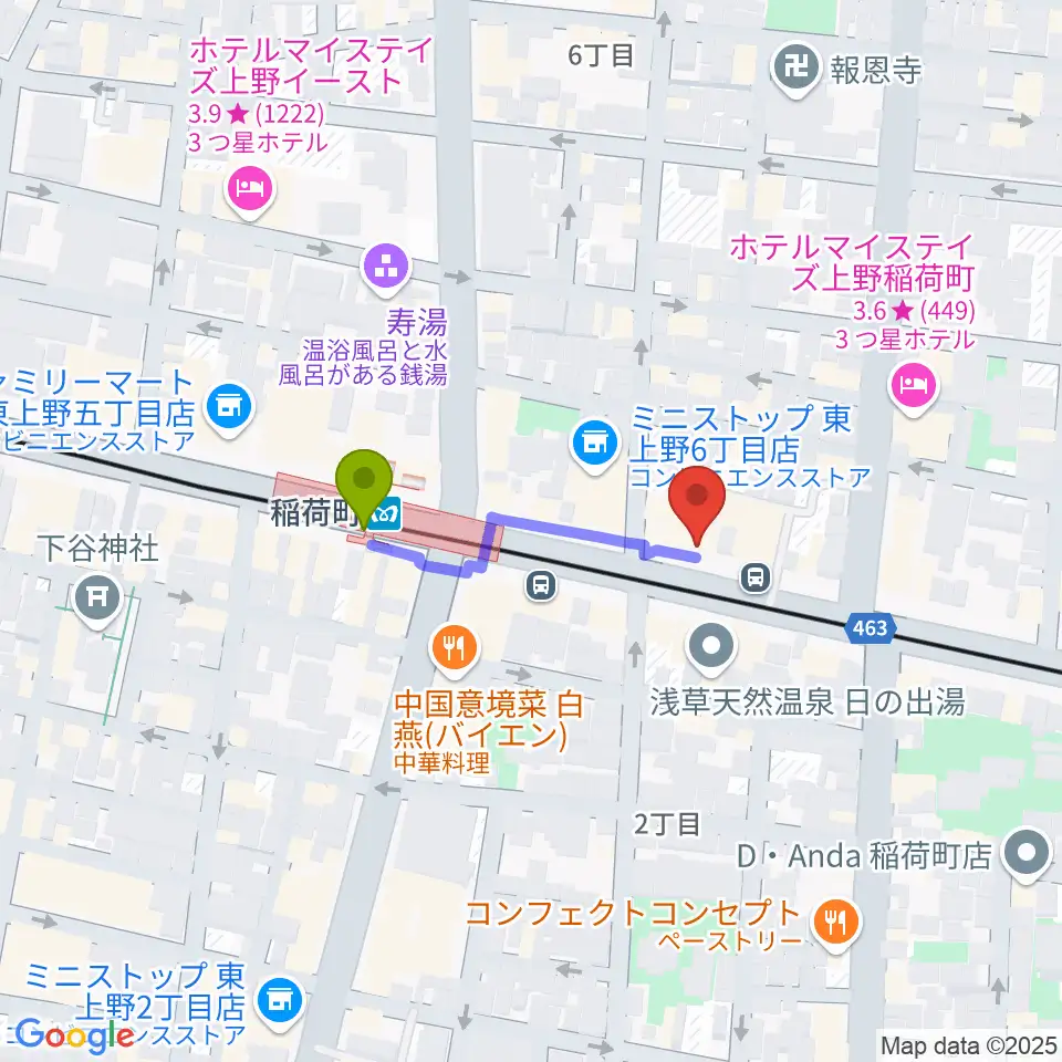 高級二胡専門店名師堂 東京店の最寄駅稲荷町駅からの徒歩ルート（約2分）地図