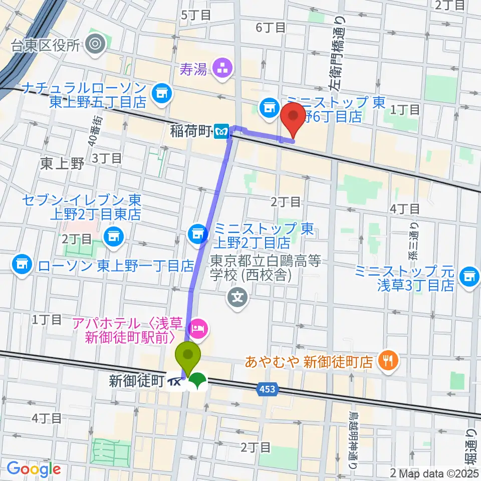 新御徒町駅から高級二胡専門店名師堂 東京店へのルートマップ地図