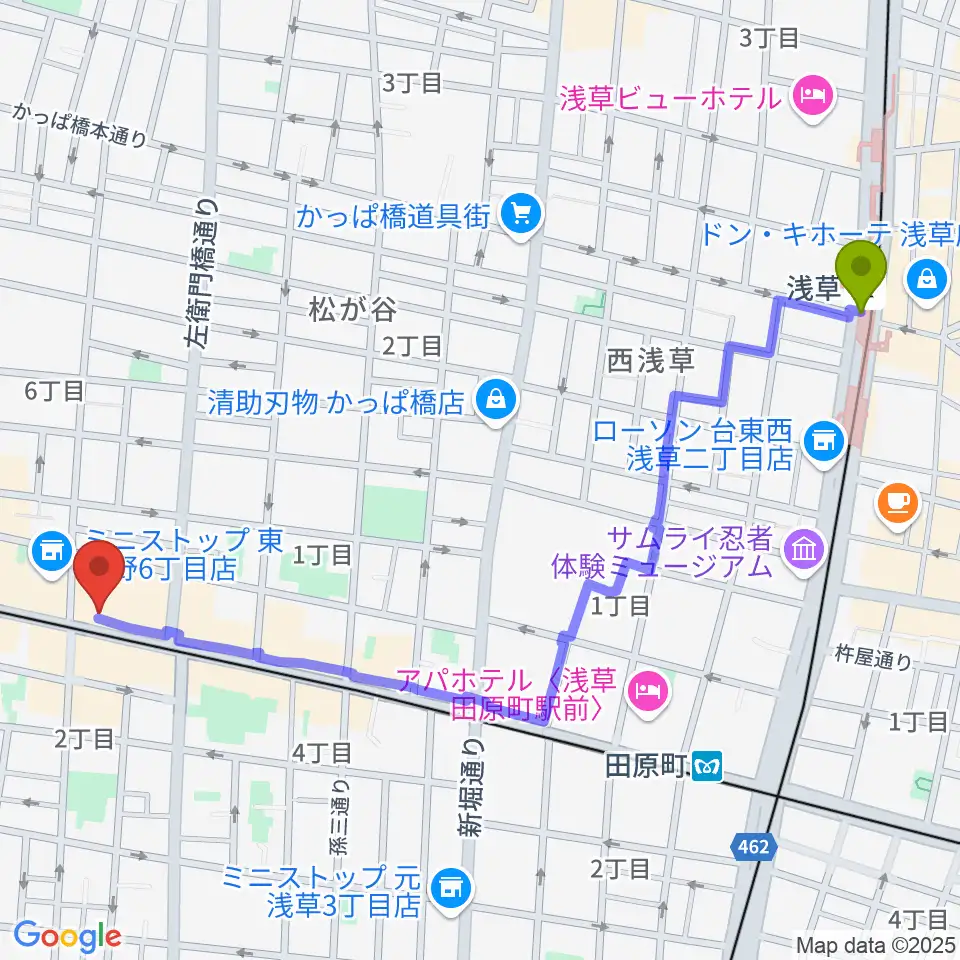 浅草駅から高級二胡専門店名師堂 東京店へのルートマップ地図