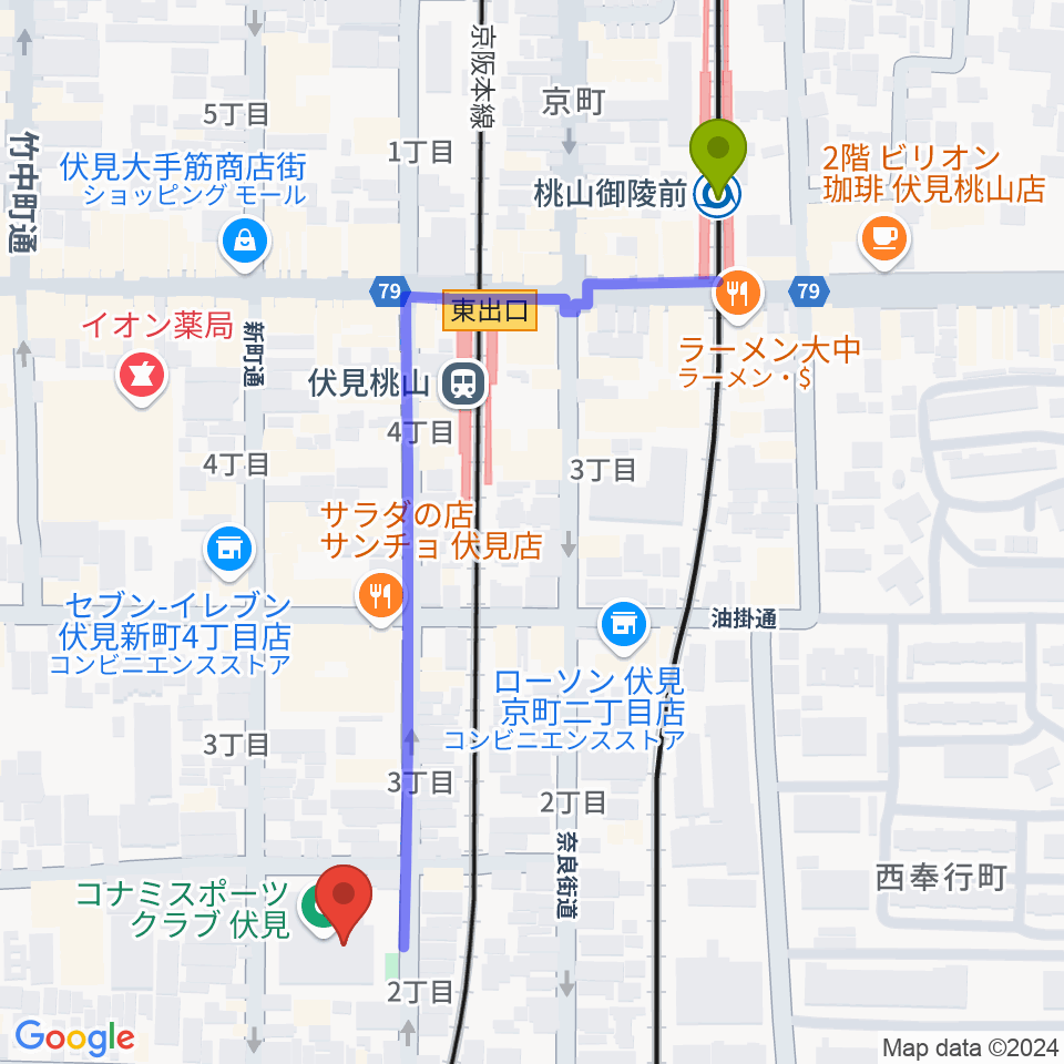 若林楽器店の最寄駅桃山御陵前駅からの徒歩ルート（約6分）地図