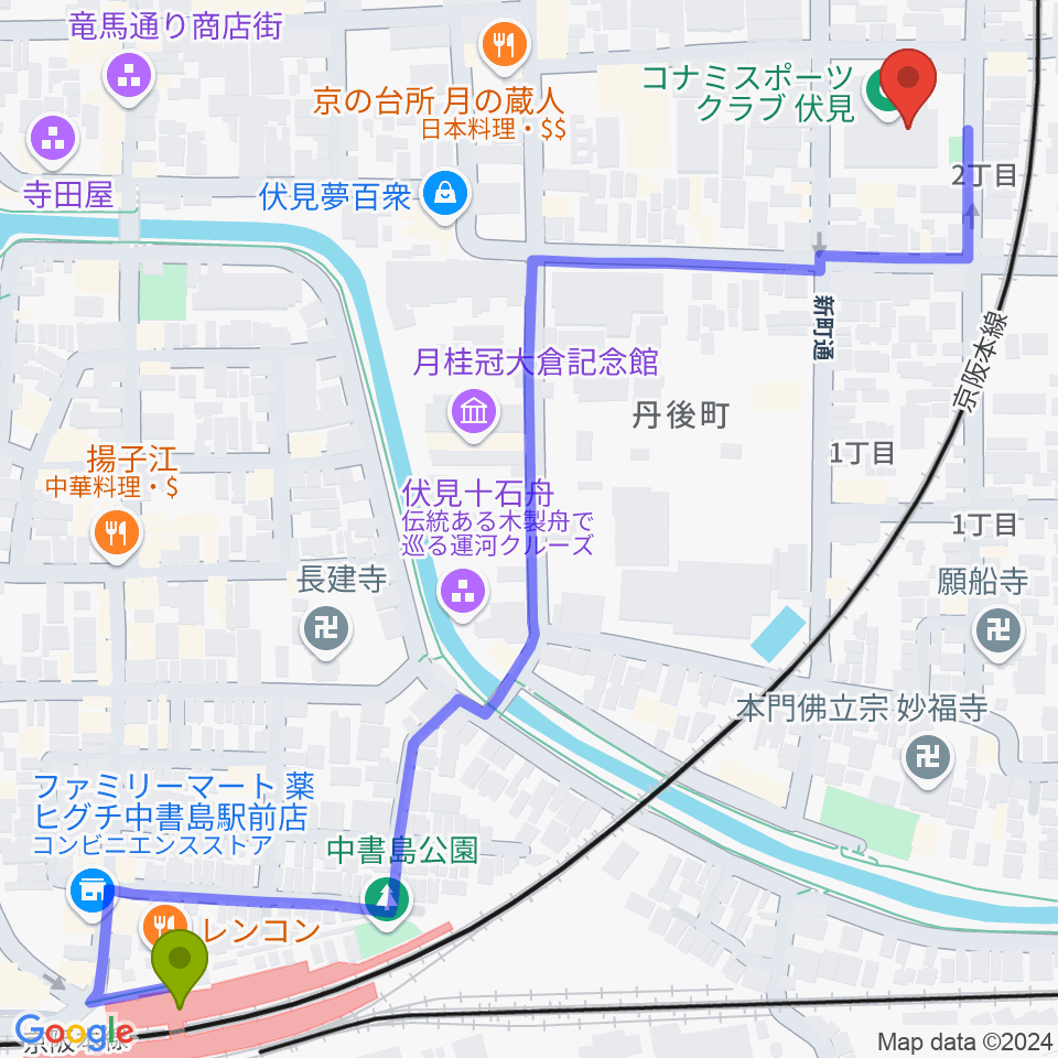 中書島駅から若林楽器店へのルートマップ地図