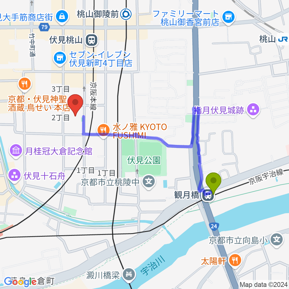 観月橋駅から若林楽器店へのルートマップ地図