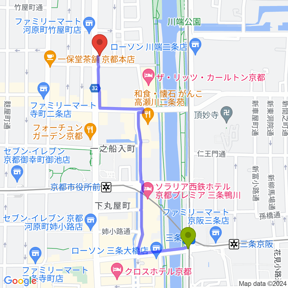 三条駅からワタナベ楽器店 京都本店へのルートマップ地図