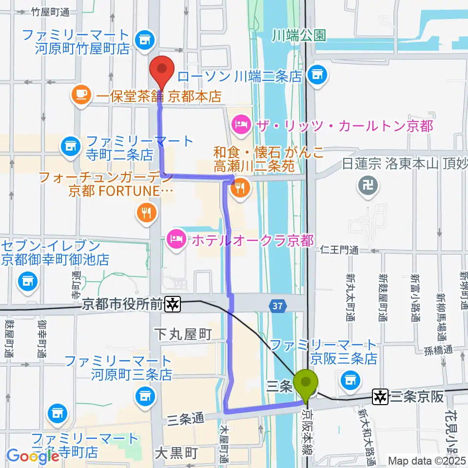 三条駅からワタナベ楽器店 京都本店へのルートマップ地図