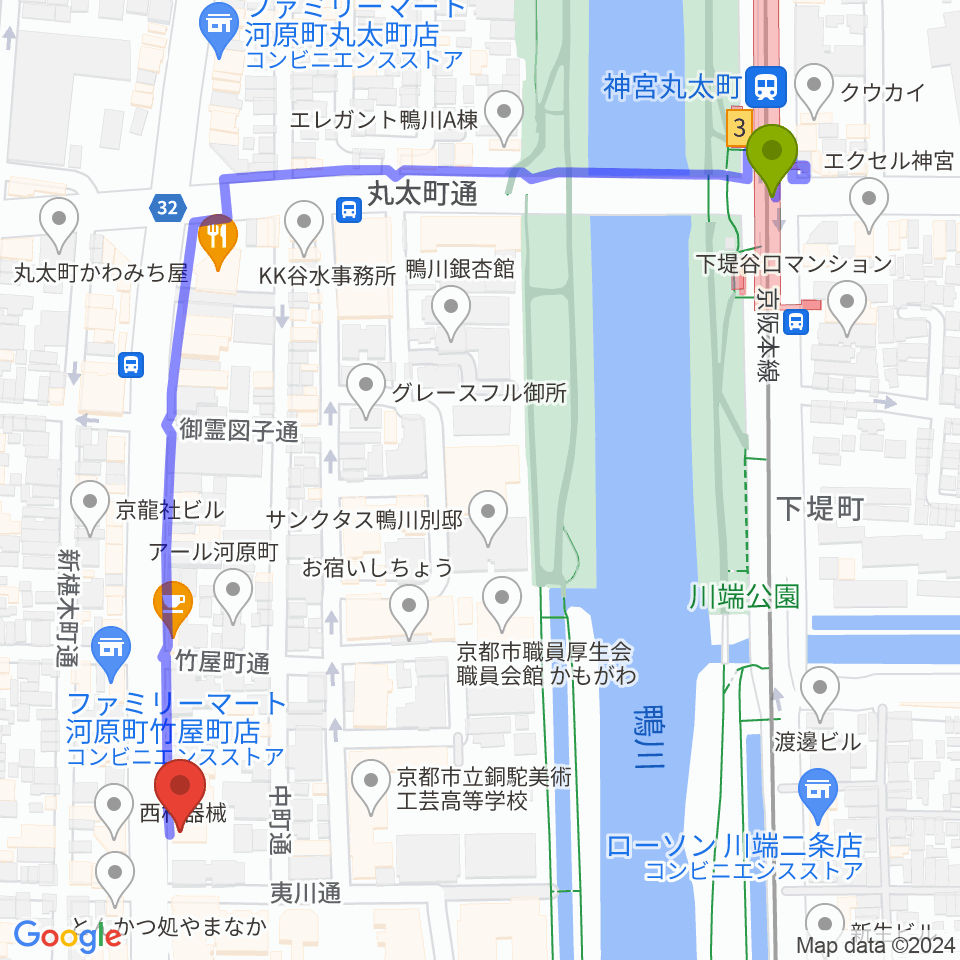 神宮丸太町駅からワタナベ楽器店 京都本店へのルートマップ地図
