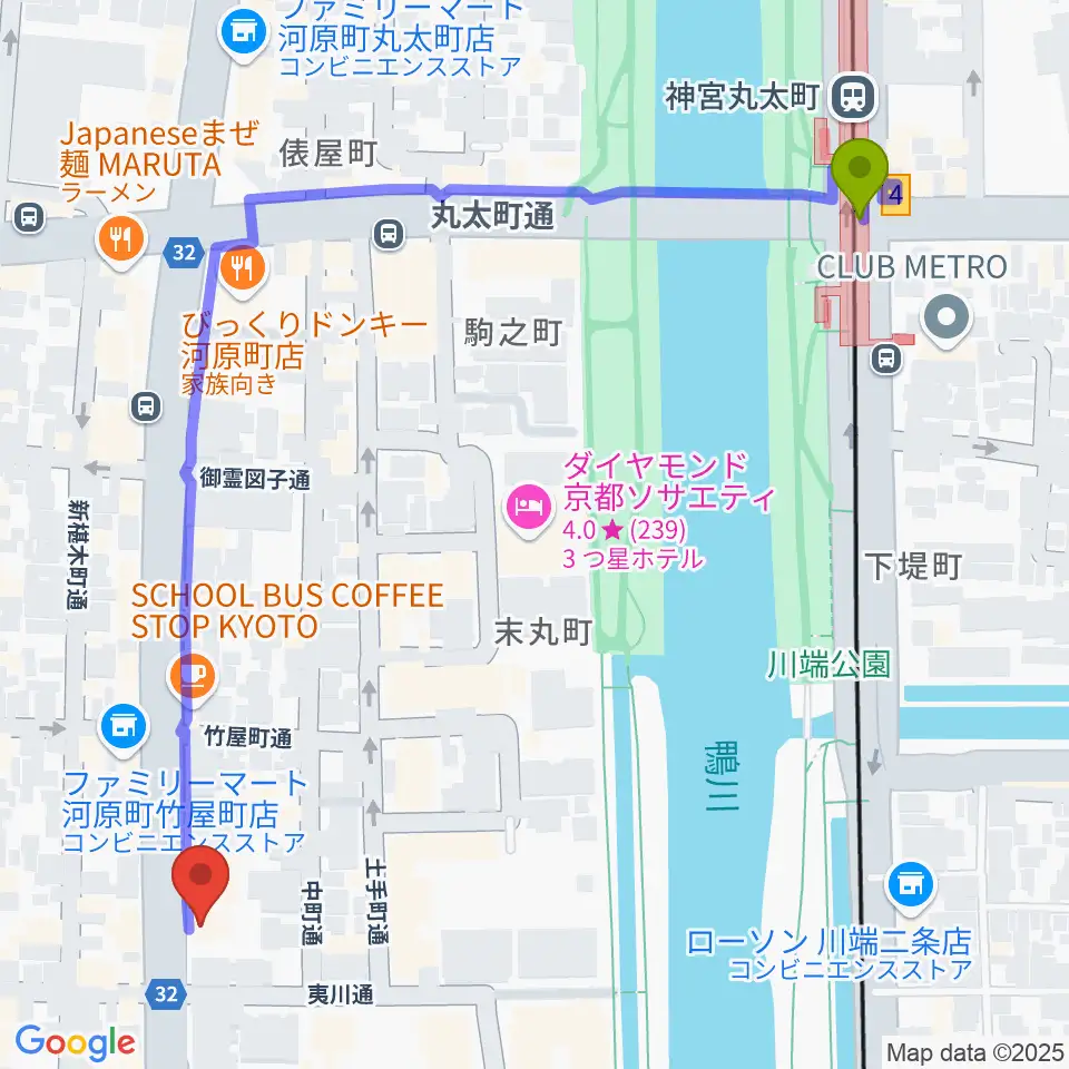 神宮丸太町駅からワタナベ楽器店 京都本店へのルートマップ地図