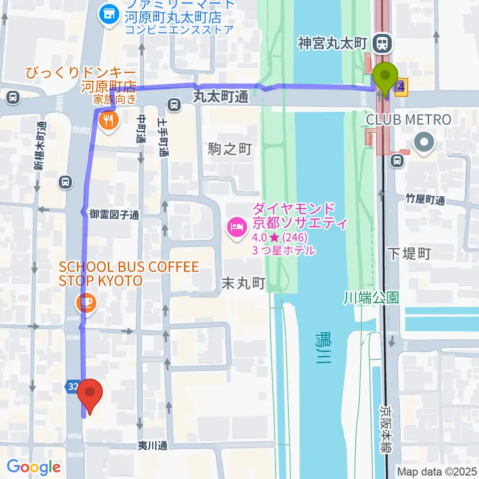 神宮丸太町駅からワタナベ楽器店 京都本店へのルートマップ地図