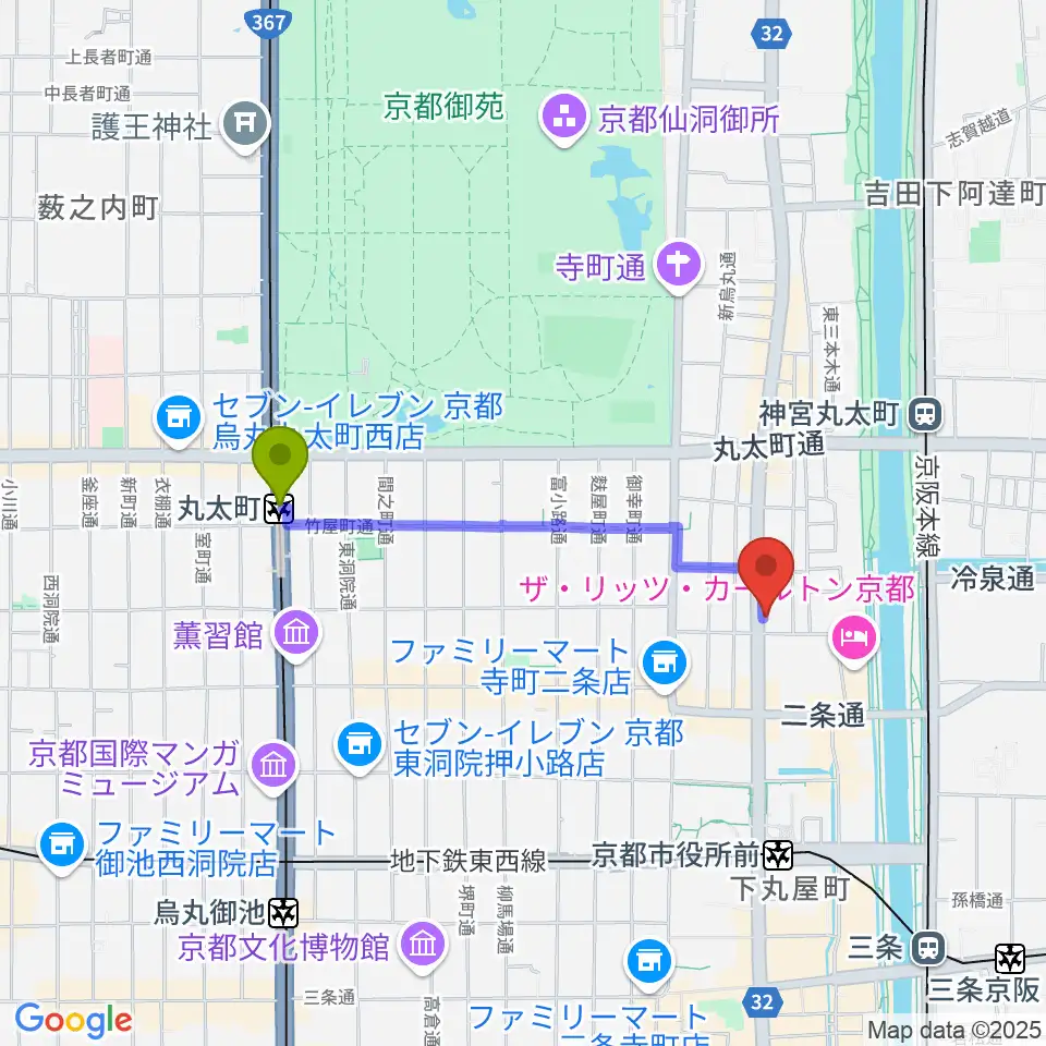 丸太町駅からワタナベ楽器店 京都本店へのルートマップ地図