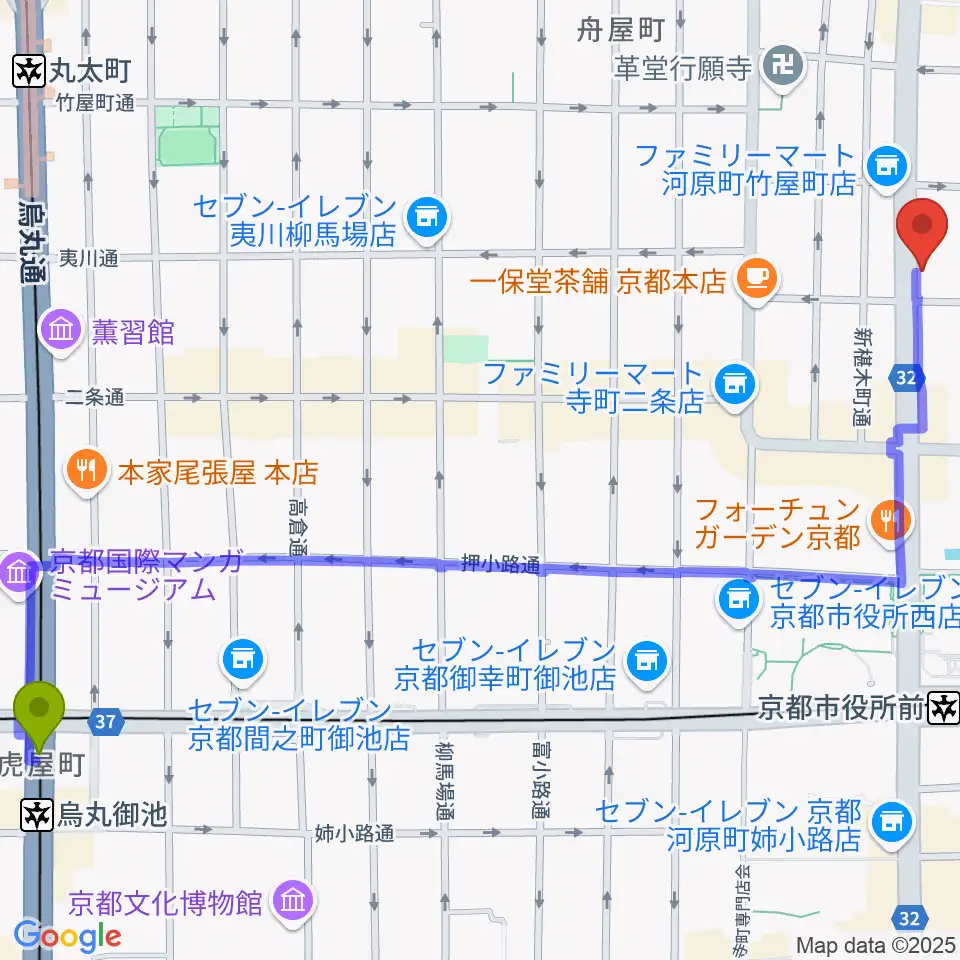 烏丸御池駅からワタナベ楽器店 京都本店へのルートマップ地図