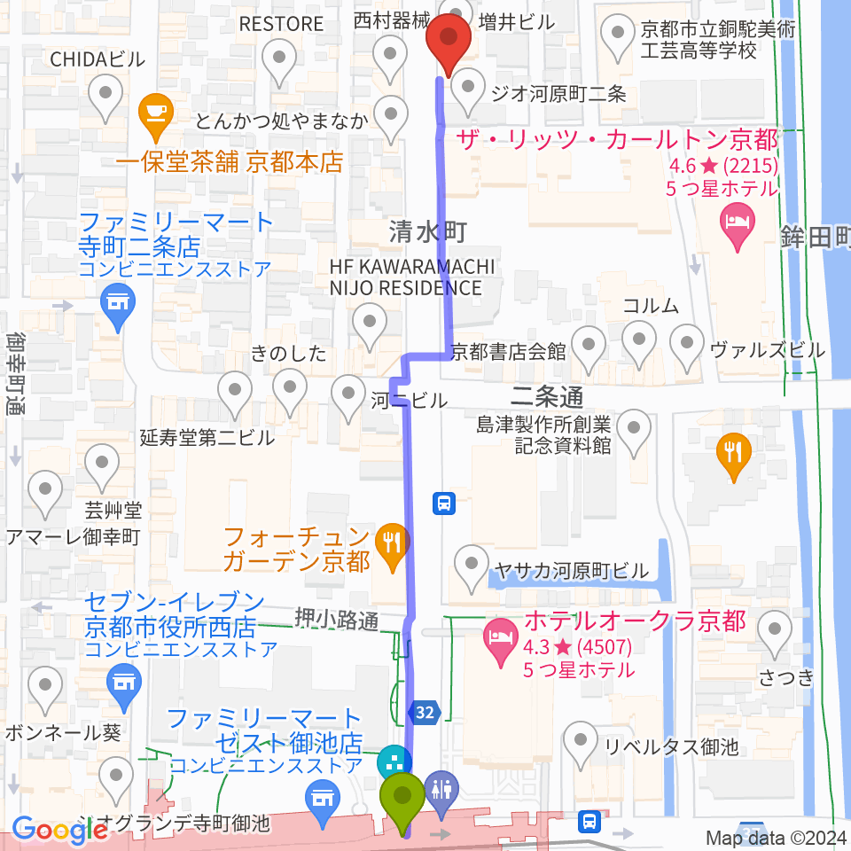 ワタナベ楽器店 京都本店の最寄駅京都市役所前駅からの徒歩ルート（約7分）地図