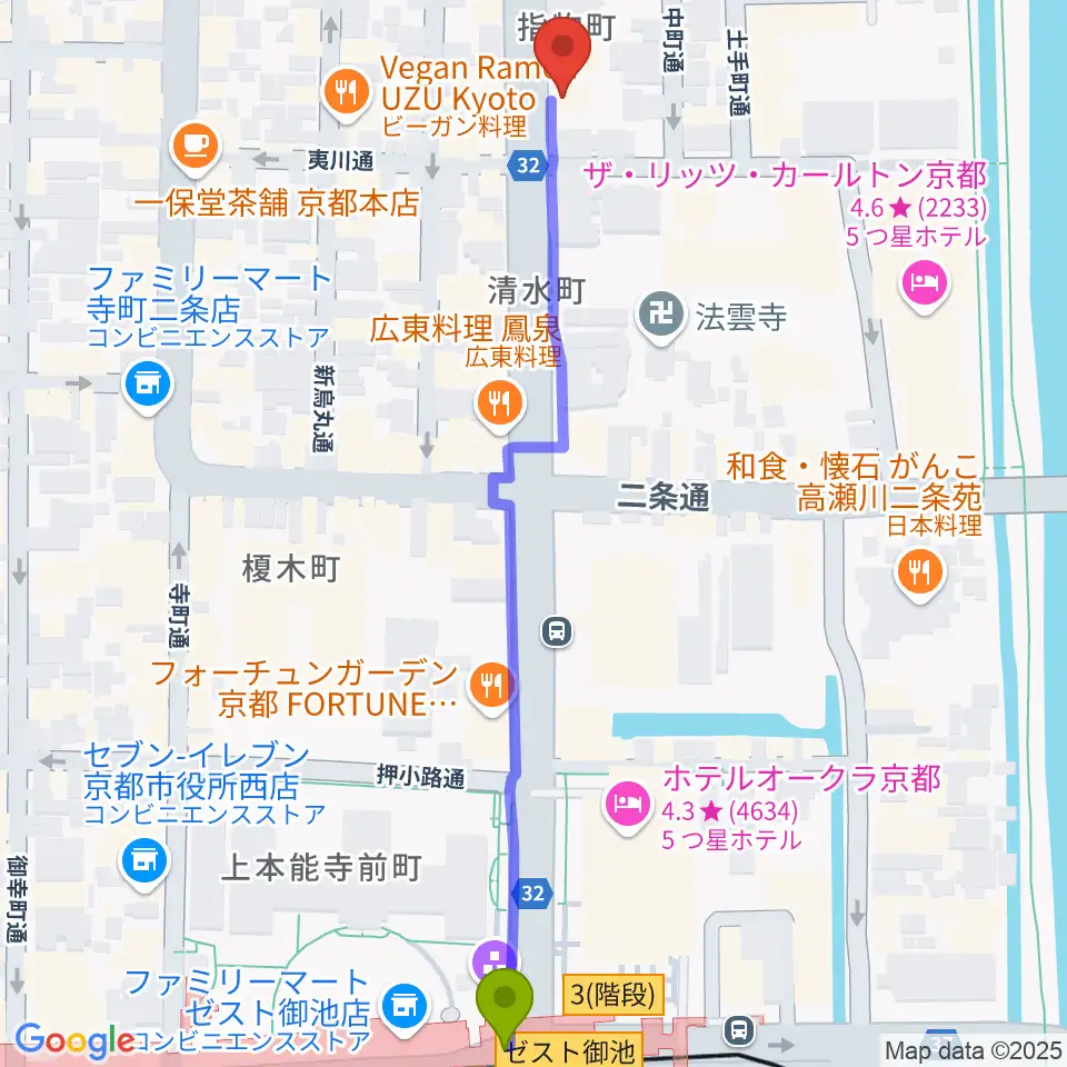 ワタナベ楽器店 京都本店の最寄駅京都市役所前駅からの徒歩ルート（約7分）地図