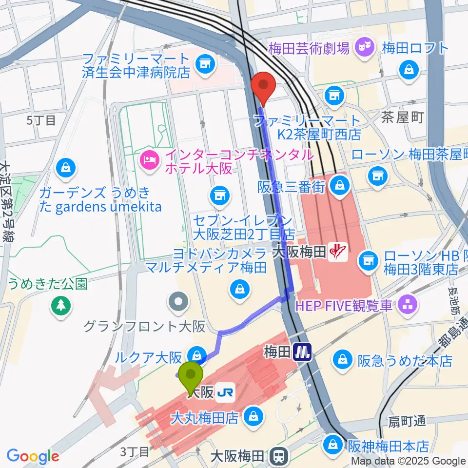 大阪駅からワタナベ楽器店 大阪店へのルートマップ地図