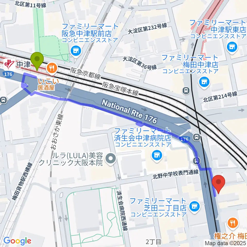 中津駅からワタナベ楽器店 大阪店へのルートマップ地図