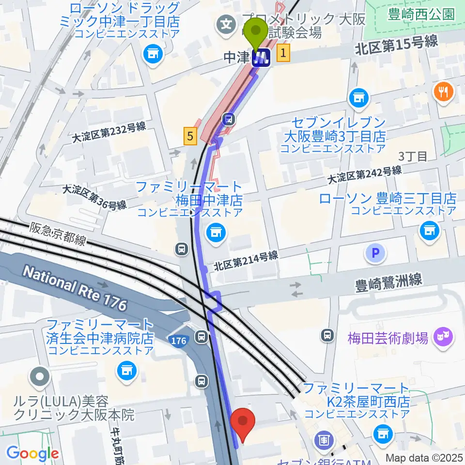 ワタナベ楽器店 大阪店の最寄駅中津駅からの徒歩ルート（約7分）地図