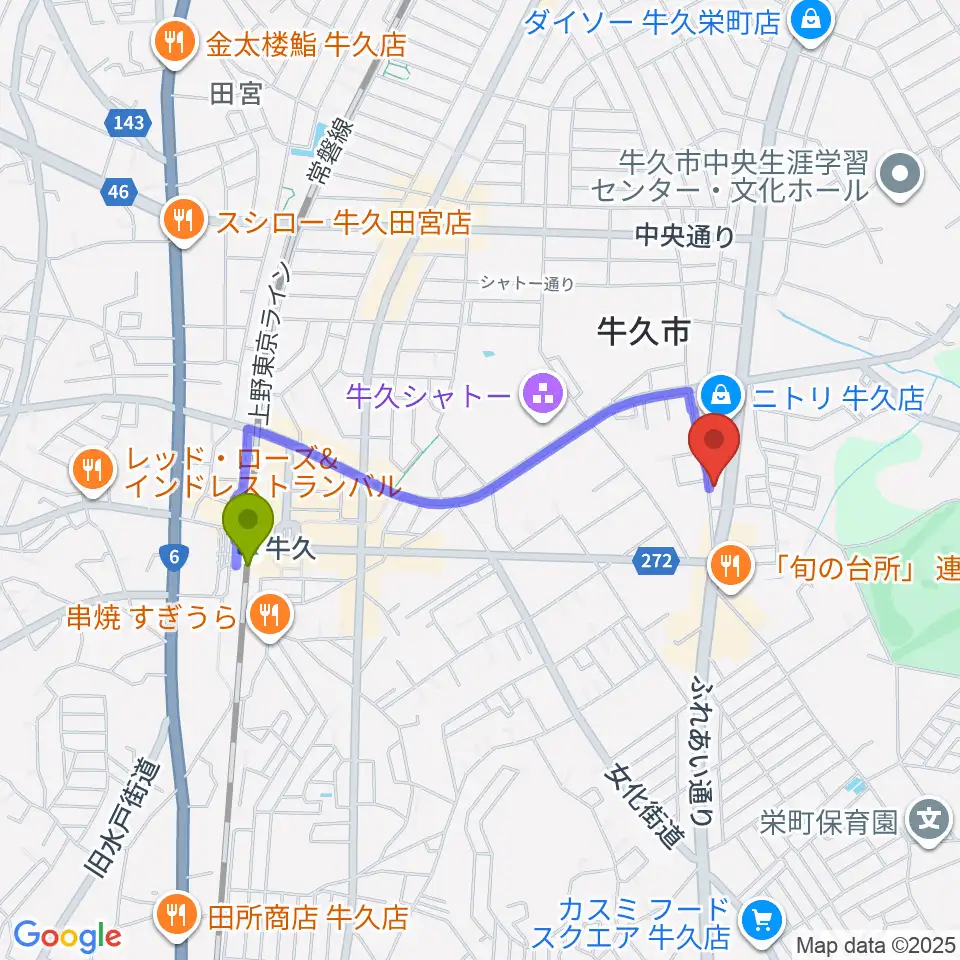 ウインズ・ユー牛久本店の最寄駅牛久駅からの徒歩ルート（約15分）地図