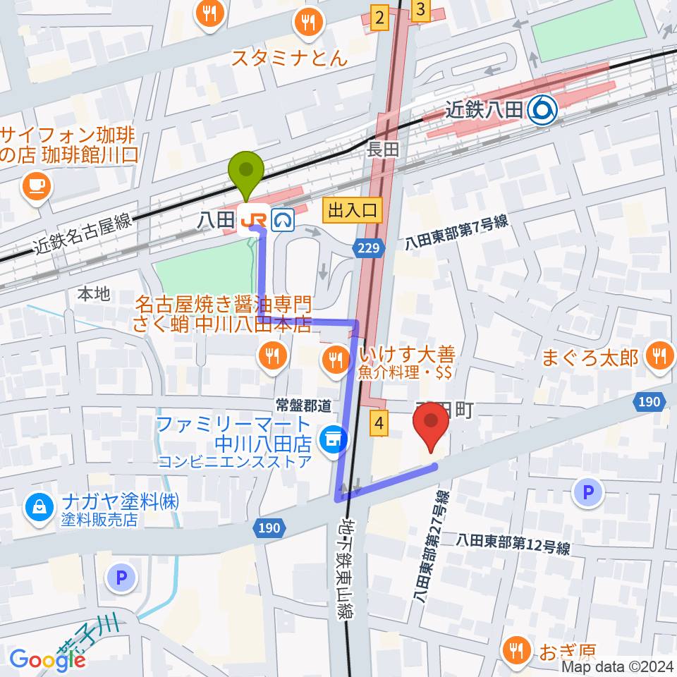 矢木楽器店 八田本店の最寄駅八田駅からの徒歩ルート（約4分）地図