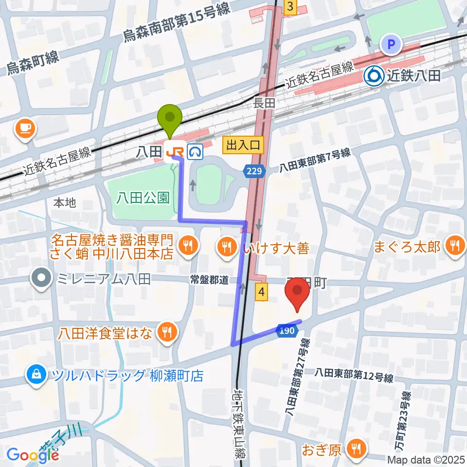 矢木楽器店 八田本店の最寄駅八田駅からの徒歩ルート（約4分）地図