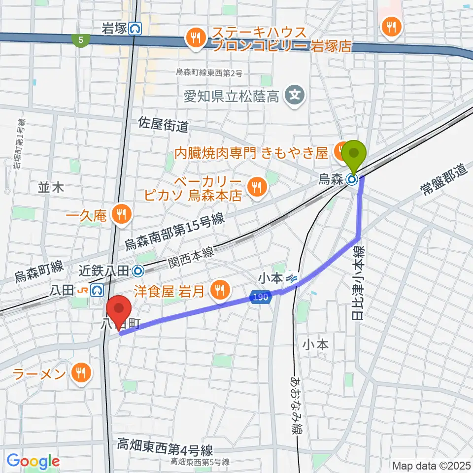 烏森駅から矢木楽器店 八田本店へのルートマップ地図