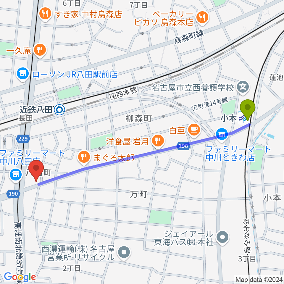 小本駅から矢木楽器店 八田本店へのルートマップ地図