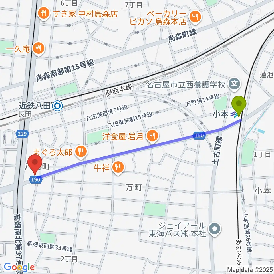 小本駅から矢木楽器店 八田本店へのルートマップ地図