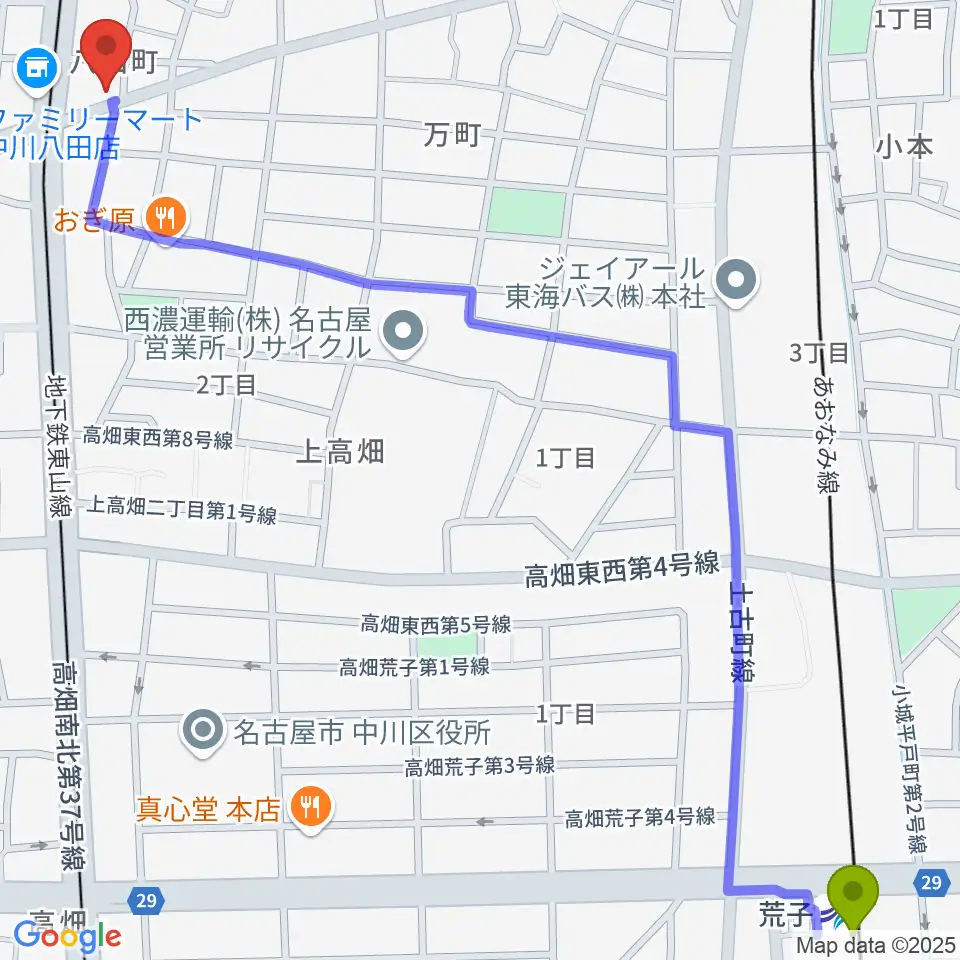 荒子駅から矢木楽器店 八田本店へのルートマップ地図