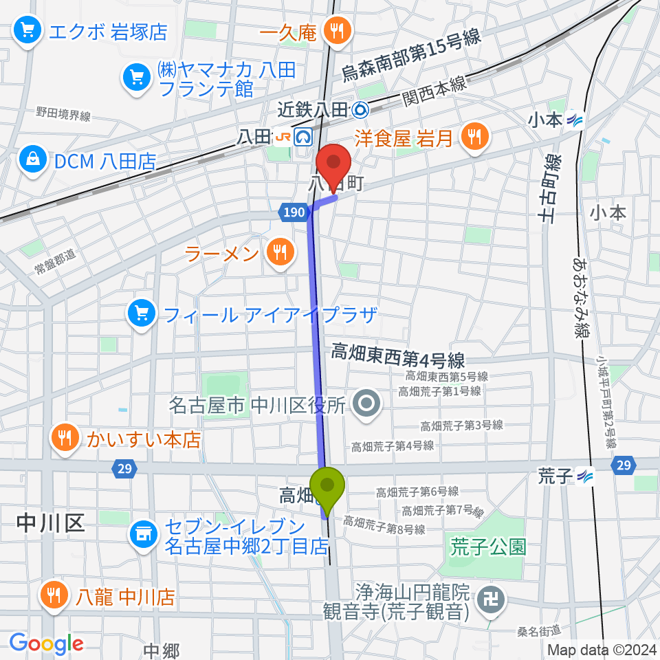 高畑駅から矢木楽器店 八田本店へのルートマップ地図